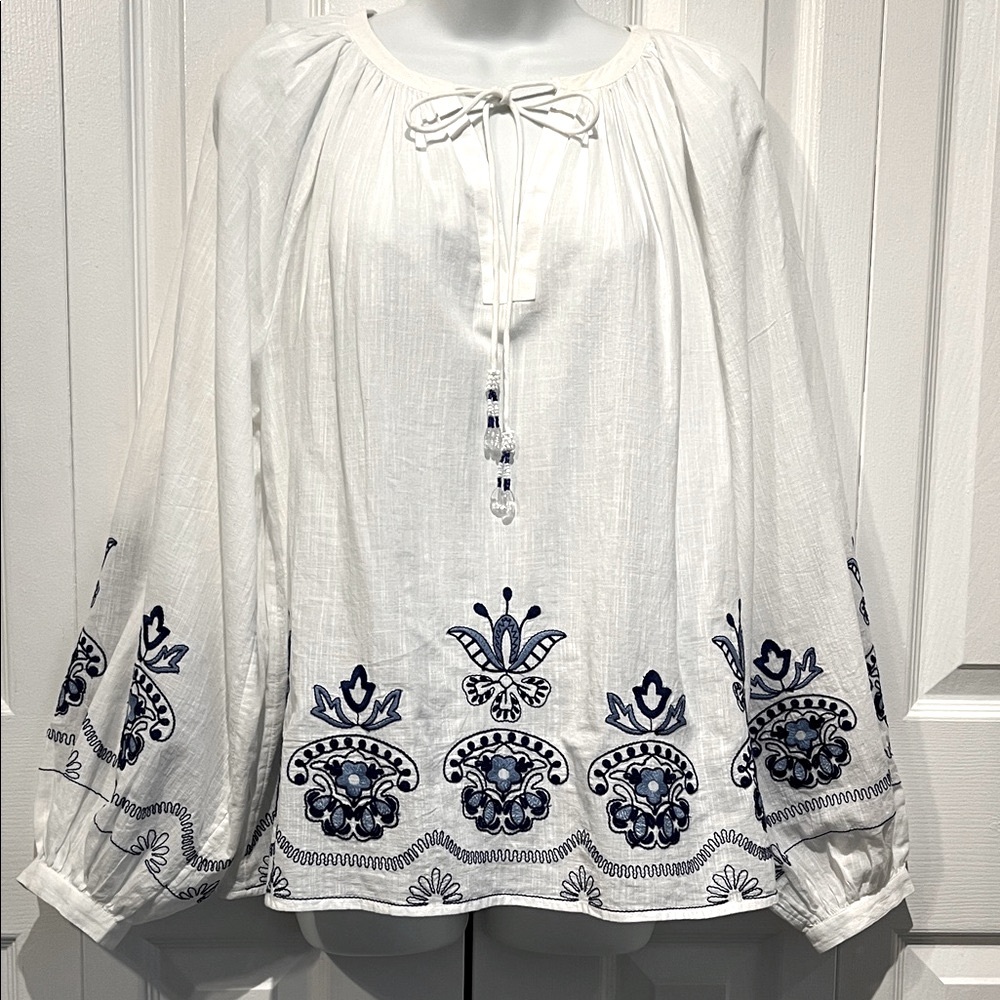 Primark White Cotton Embroidered Balloon Sleeve Boho Top Size 8 (fits oversized)